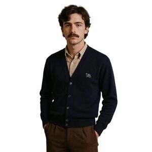 CHALLENGER VINTAGE 70's‎ Turtle Embroidered Cardigan Navy Blue M Retro Preppy